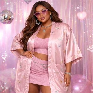 VTG Y2K 90s Pink Butterfly Embroidered Satin Style Feminine Kimono Robe Lg/XL